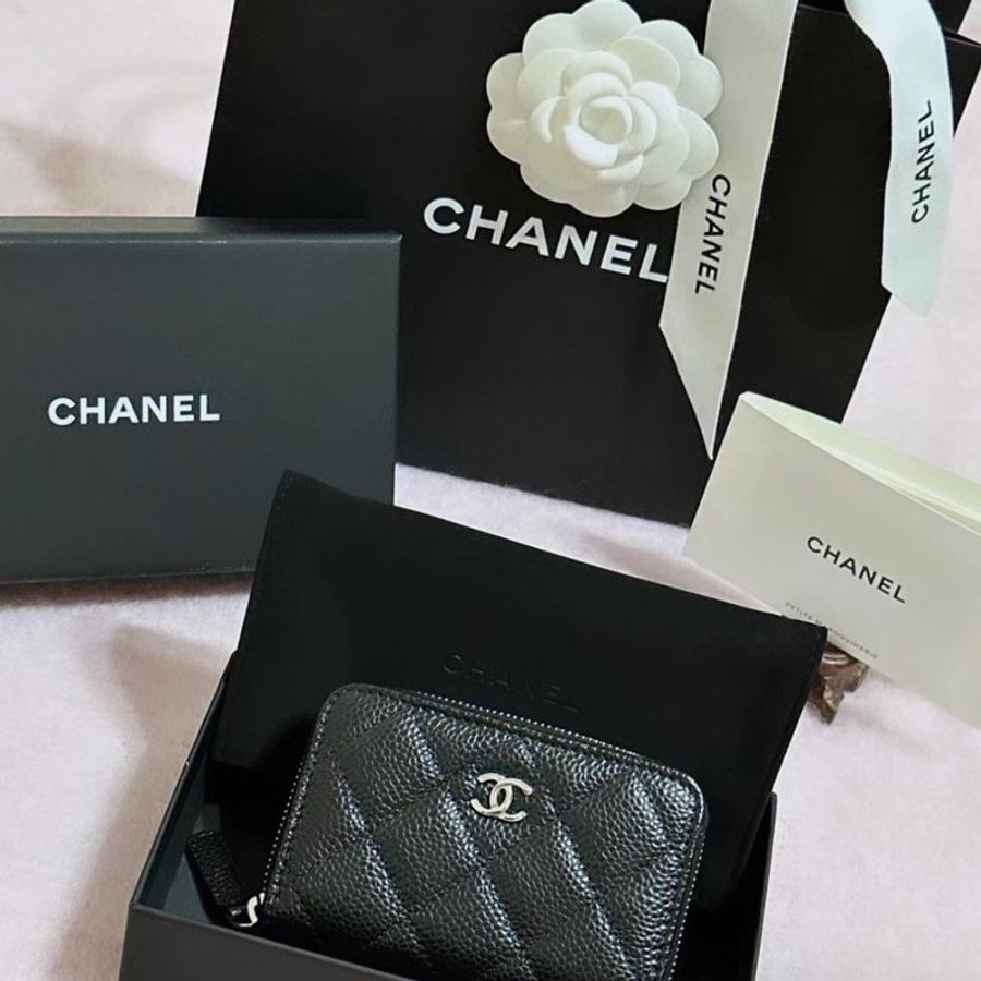 Chanel 香奈兒 經典ㄇ拉零錢包 黑銀-0