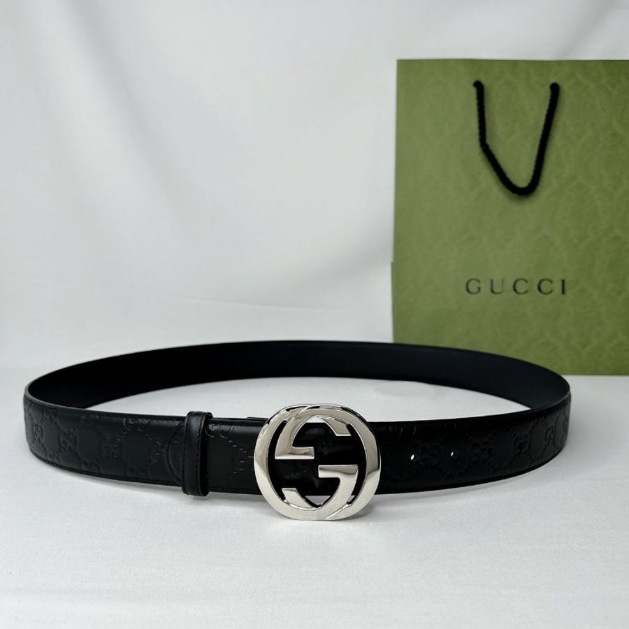 GUCCI Interlocking G搭扣壓紋皮革皮帶-0