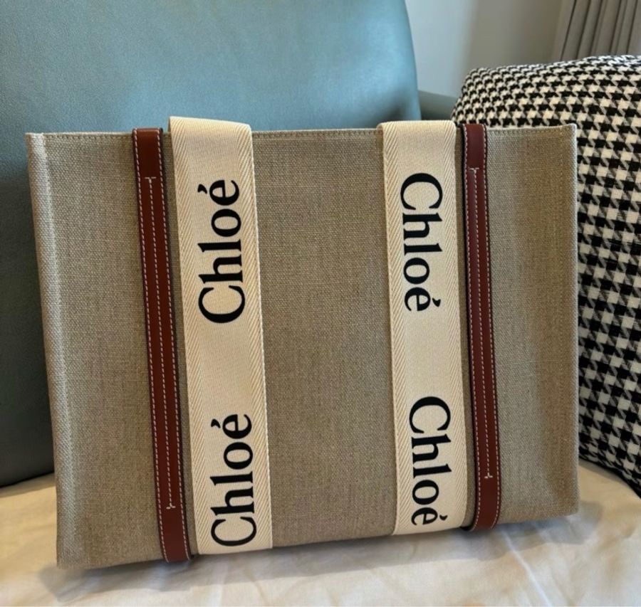 Chloe蔻依 Woody Logo印花 亞麻帆布拼小牛皮 帆布Tote 中號-1