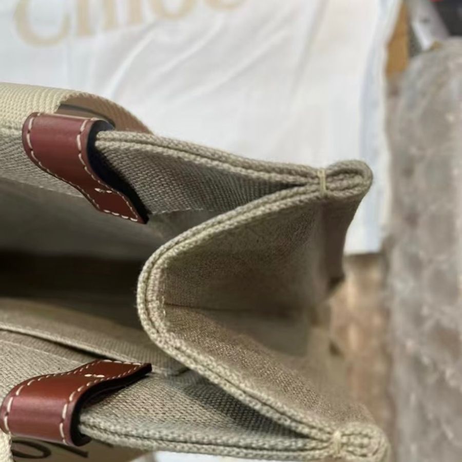 Chloe蔻依 Woody Logo印花 亞麻帆布拼小牛皮 帆布Tote 中號-3