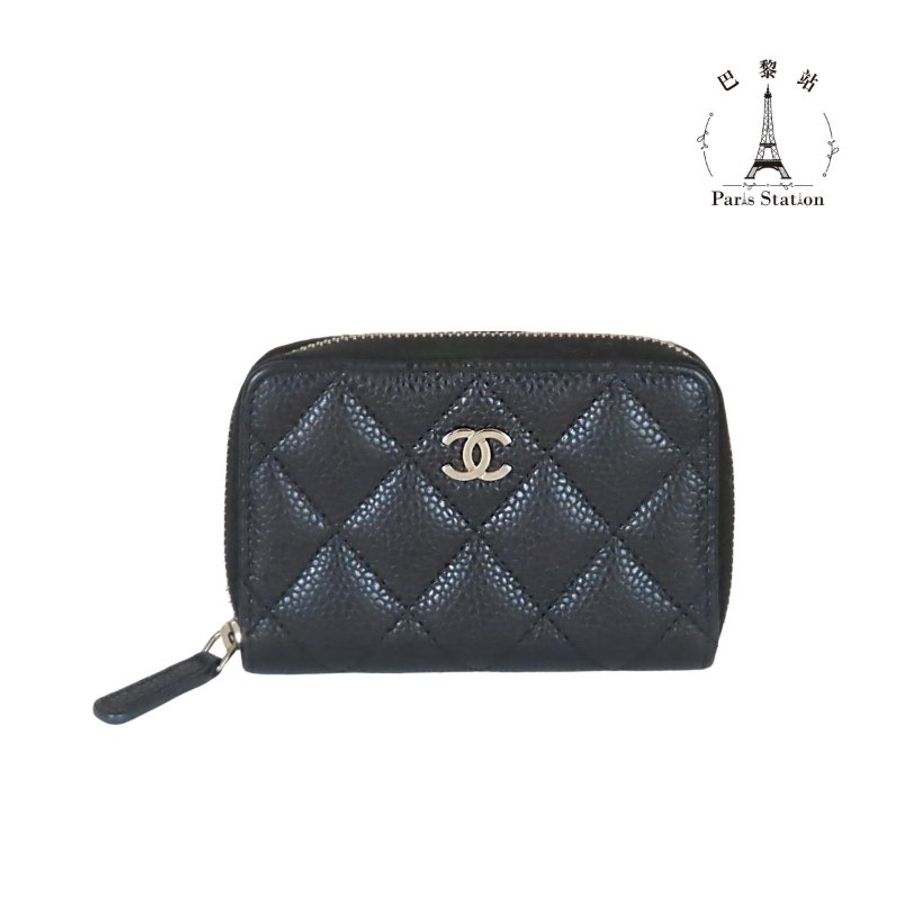 【巴黎站二手名牌專賣】*現貨*CHANEL 香奈兒 真品*黑荔枝菱格銀雙C拉鍊卡包 零錢包-0