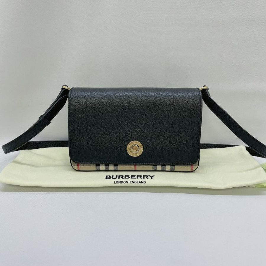 BURBERRY Vintage荔紋牛拼接格紋斜背包-0