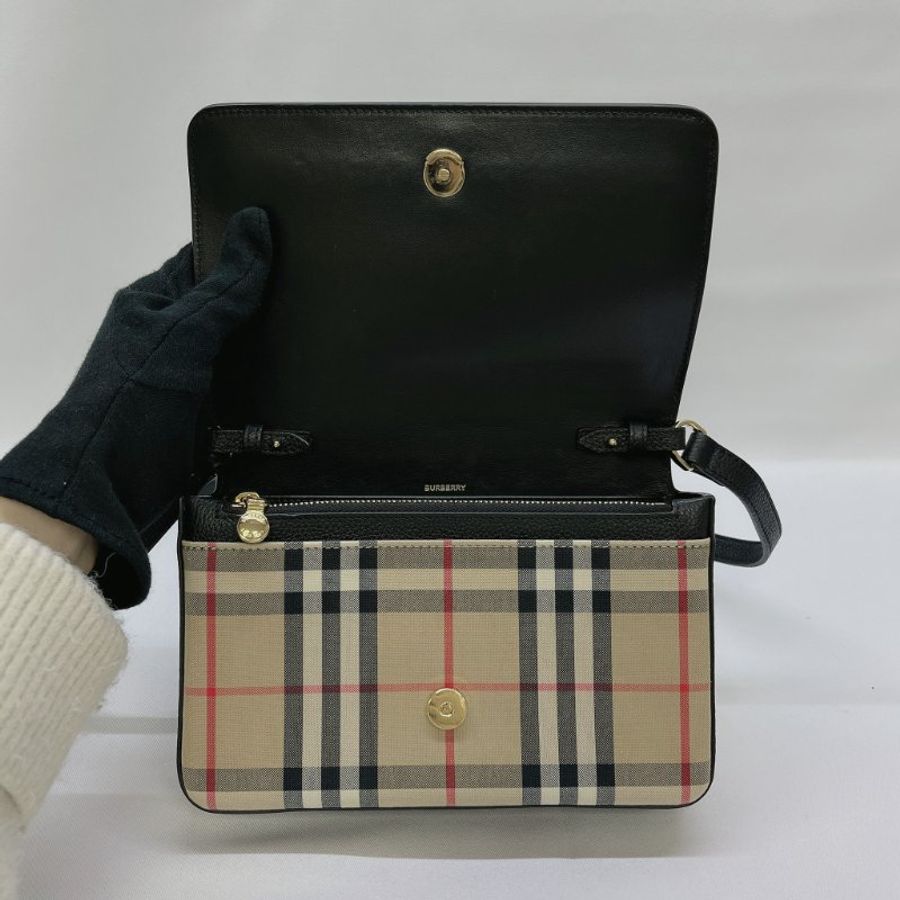 BURBERRY Vintage荔紋牛拼接格紋斜背包-3