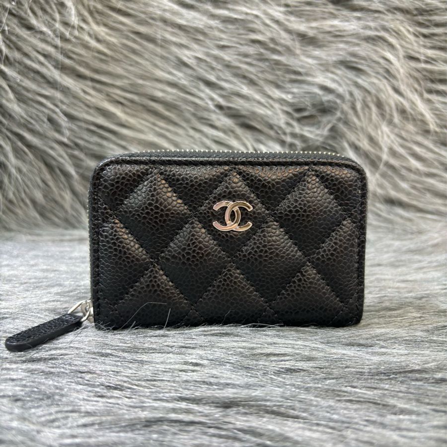 CHANEL A69271 COCO 雙C 黑色荔枝皮 銀釦 拉鍊 ㄇ字 短夾 零錢包 卡片夾 名片夾 信用卡包-0