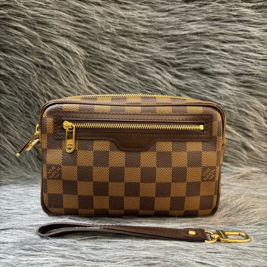 LV N61739 咖啡棋盤格紋 拉鍊包手拿包收租包發財包麻將包銀行包房東包-0