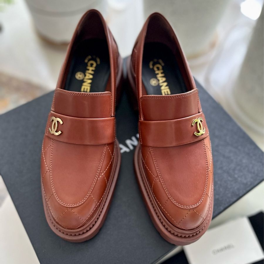 ~~Chanel 棕色皮革菱格厚底樂福鞋~~-3