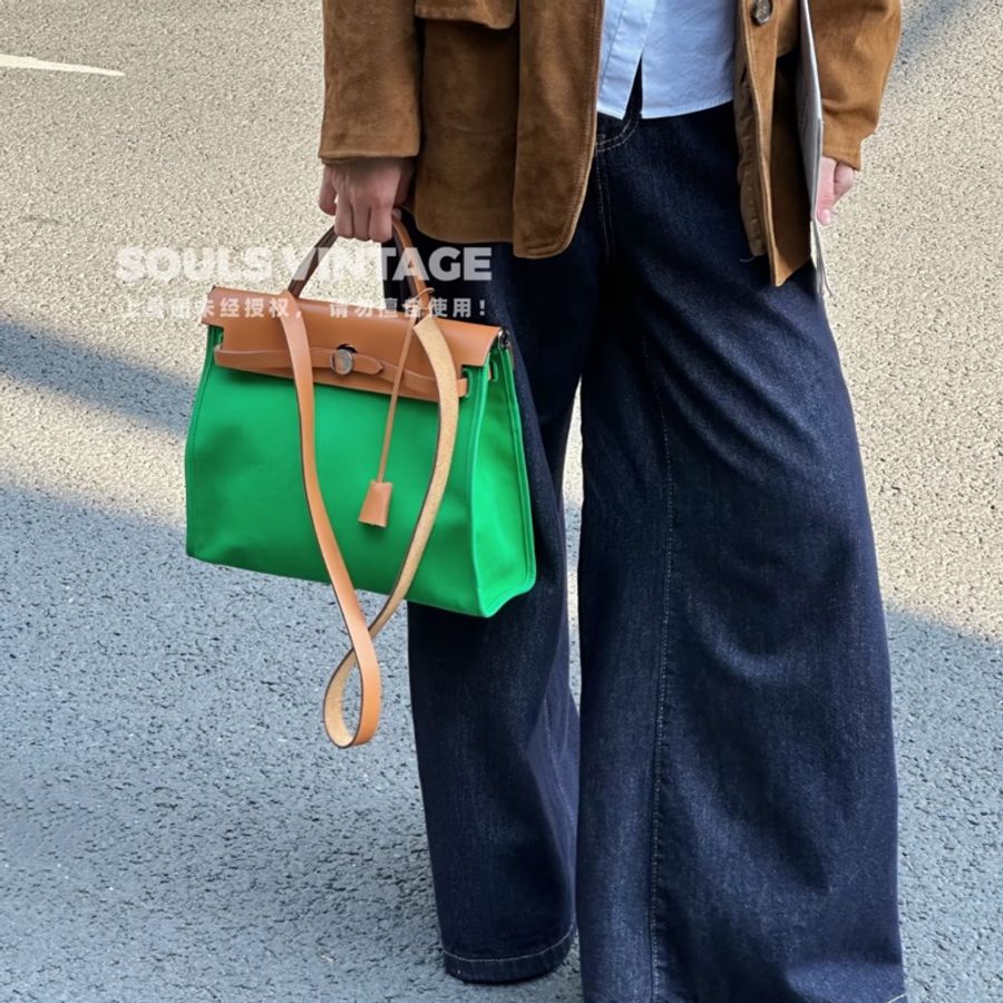 愛馬仕 Hermes Herbag 31 竹子綠帆布拼自然色牛皮手提包|Kelly風格經典款-3