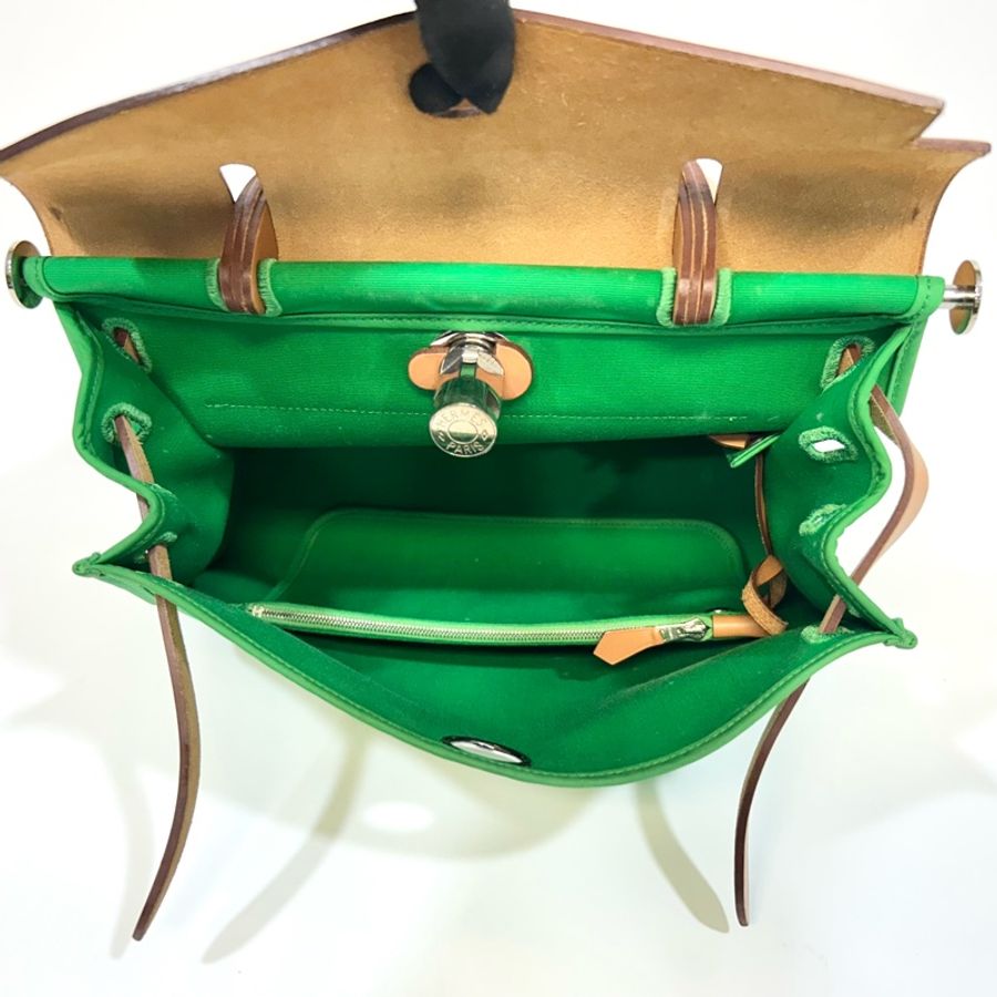 愛馬仕 Hermes Herbag 31 竹子綠帆布拼自然色牛皮手提包|Kelly風格經典款-19