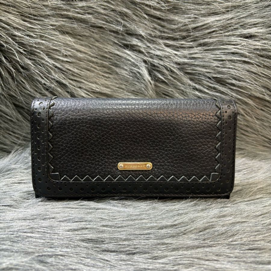 Burberry LOGO 金牌 黑色 雕花 荔枝皮 拉鍊 零錢 皮夾 長夾 發財 錢包-0