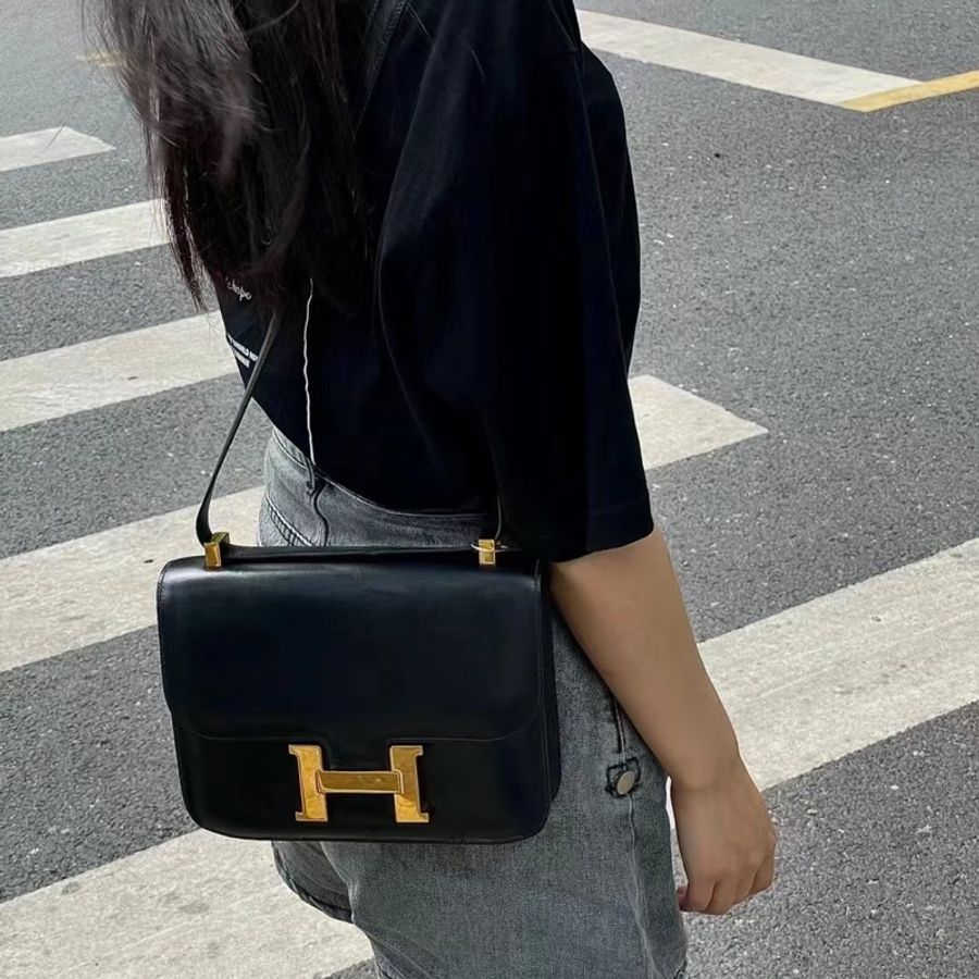 已售出)#Hermes #Constance #Constance24 🈶購證 五金帶膜#肩背包 #斜背包 黑金Box皮-5