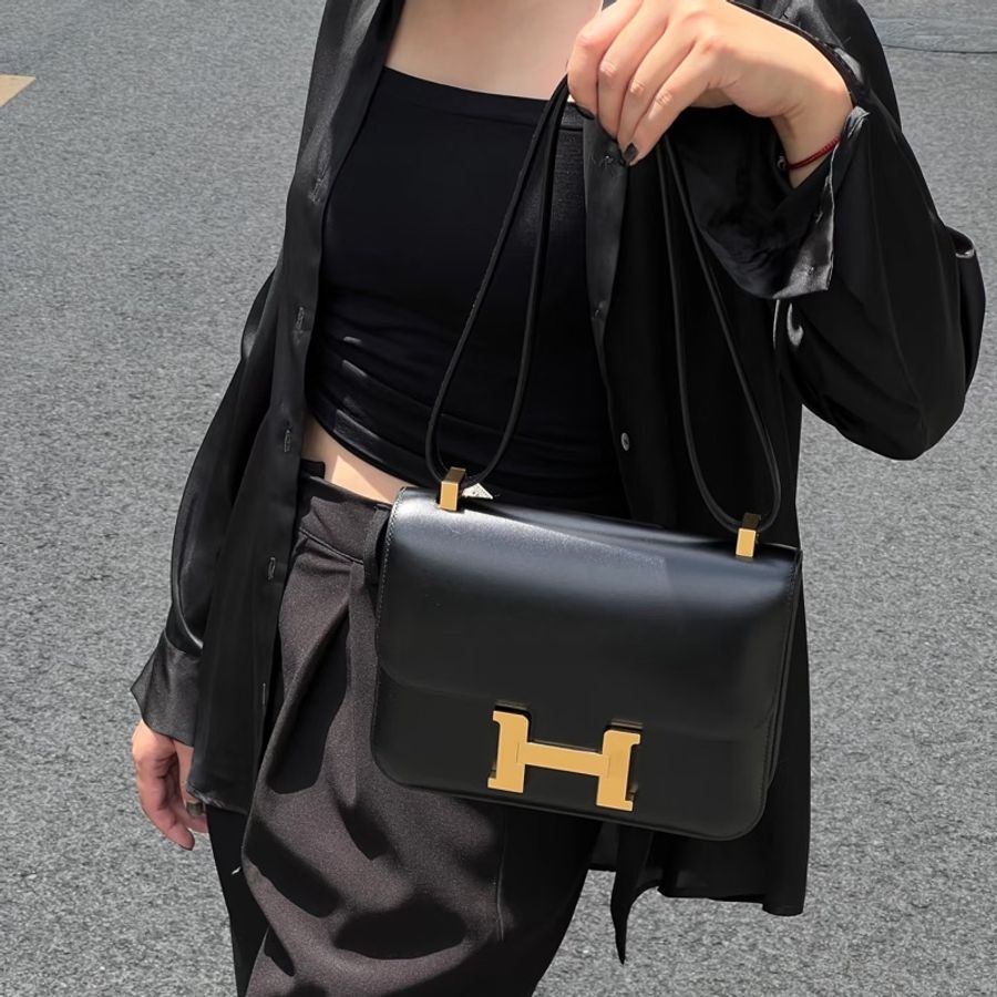 已售出)#Hermes #Constance #Constance24 🈶購證 五金帶膜#肩背包 #斜背包 黑金Box皮-6