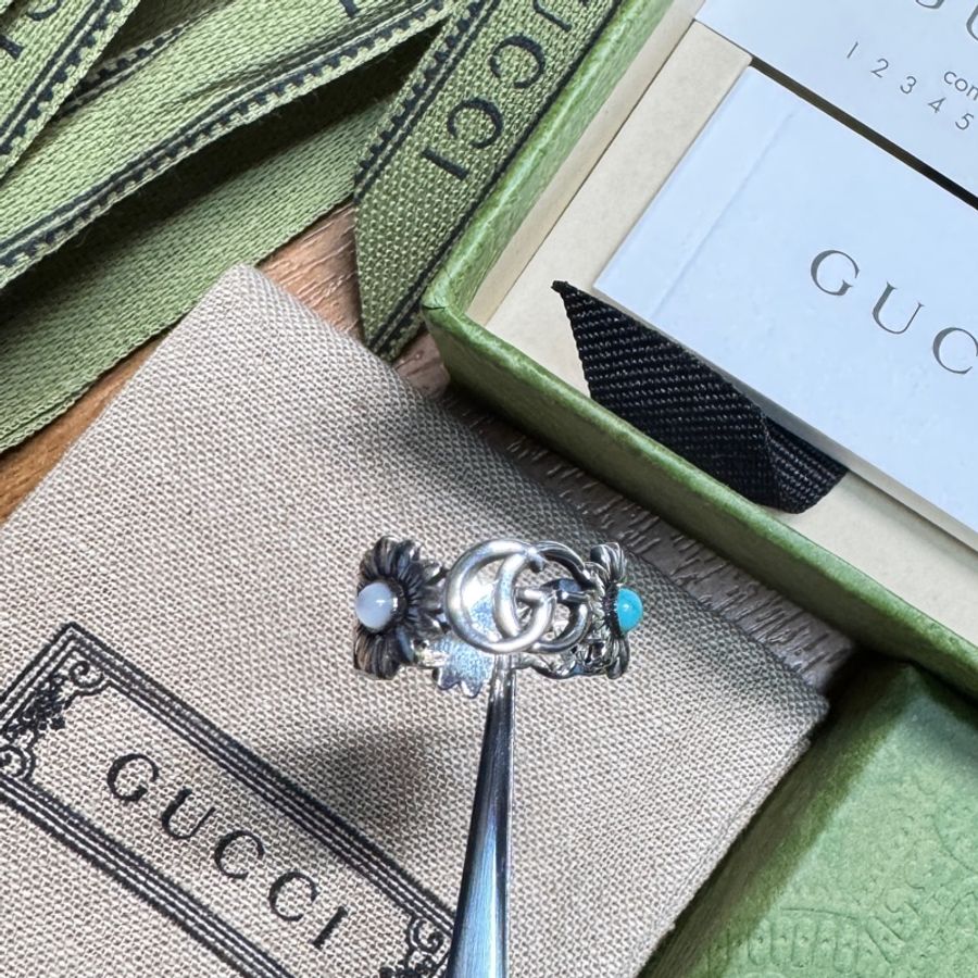 GUCCI 古馳 雙G 珍珠母貝戒指小雛菊 復古925純 銀-5