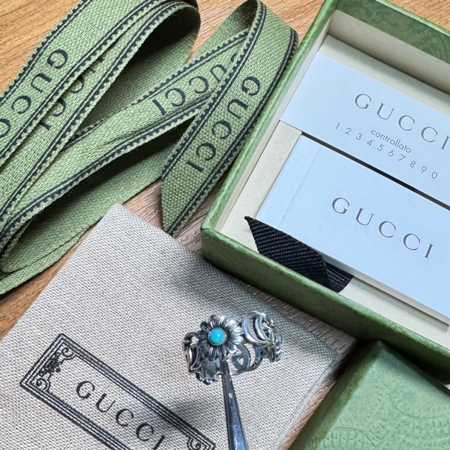 GUCCI 古馳 雙G 珍珠母貝戒指小雛菊 復古925純 銀-6