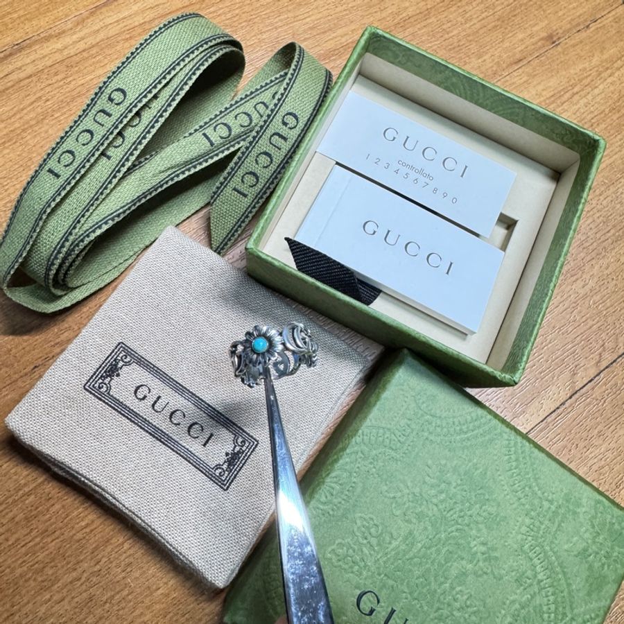 GUCCI 古馳 雙G 珍珠母貝戒指小雛菊 復古925純 銀-7