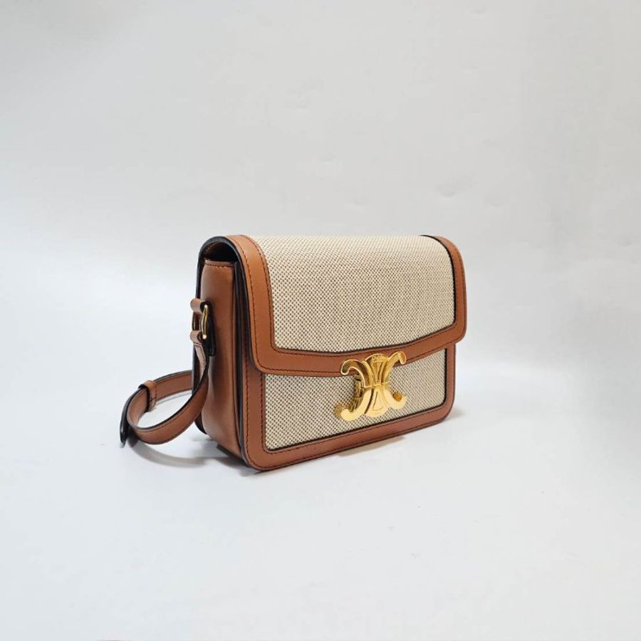 Celine 帆布拚咖牛皮TeenTrlomphe金釦內三層下蓋肩斜背包188882BGI.04LV-2