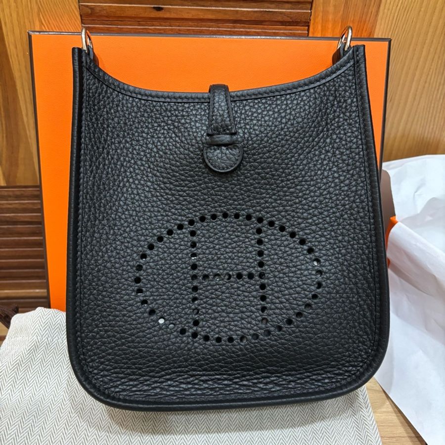 愛馬仕Mini Evelyne黑色銀扣85公分編織背帶-5