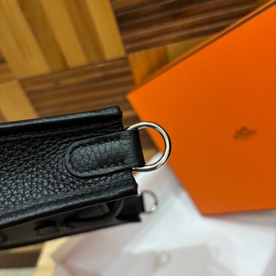 愛馬仕Mini Evelyne黑色銀扣85公分編織背帶-7