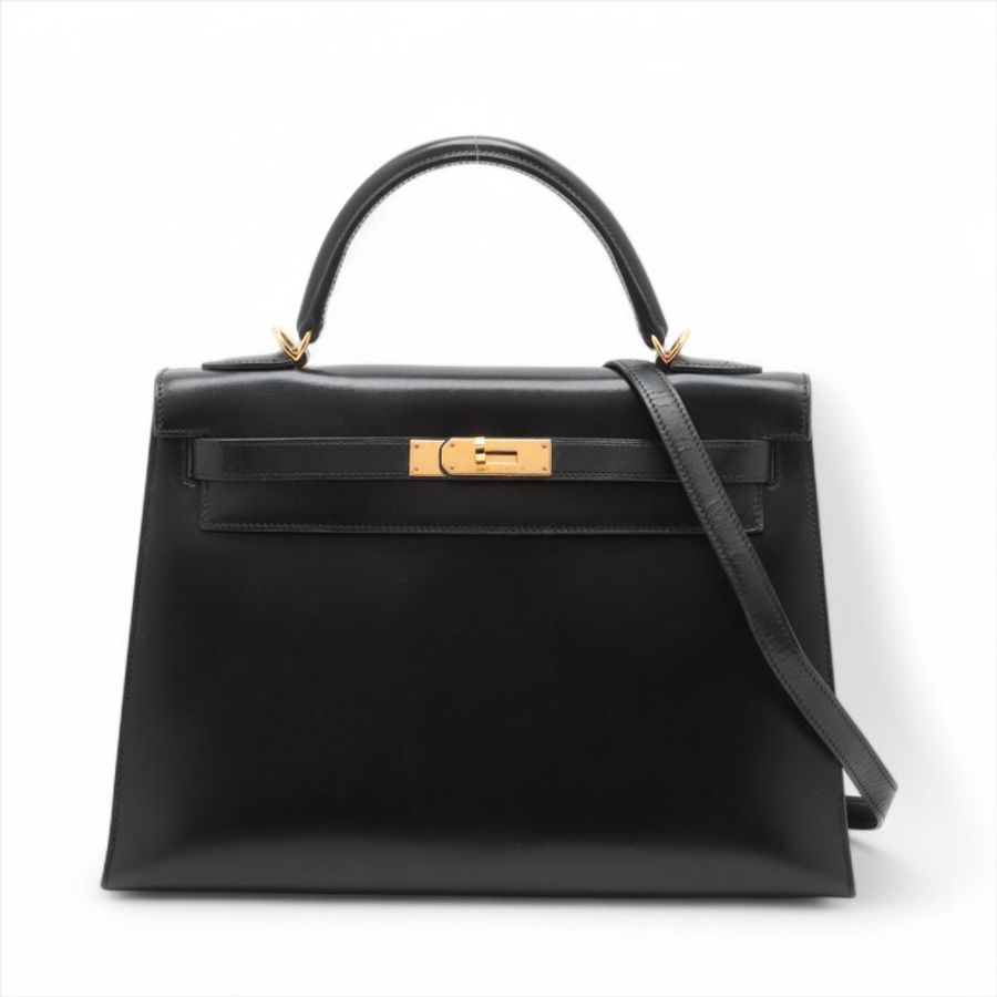 Hermes Kelly 32 Box calf Black Gold Metal Fittings ○U:1991-0
