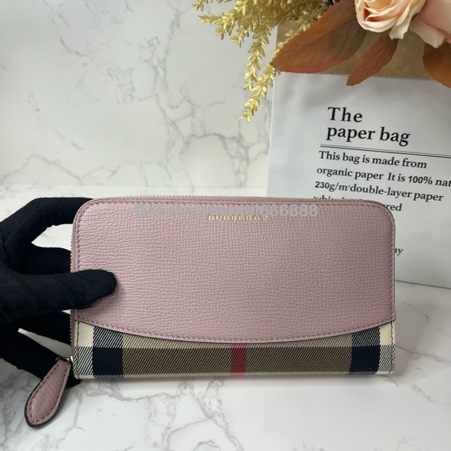 💗香緹國際精品💗BURBERRY 233 粉色格紋拉鏈長夾 保存良好99極新-0