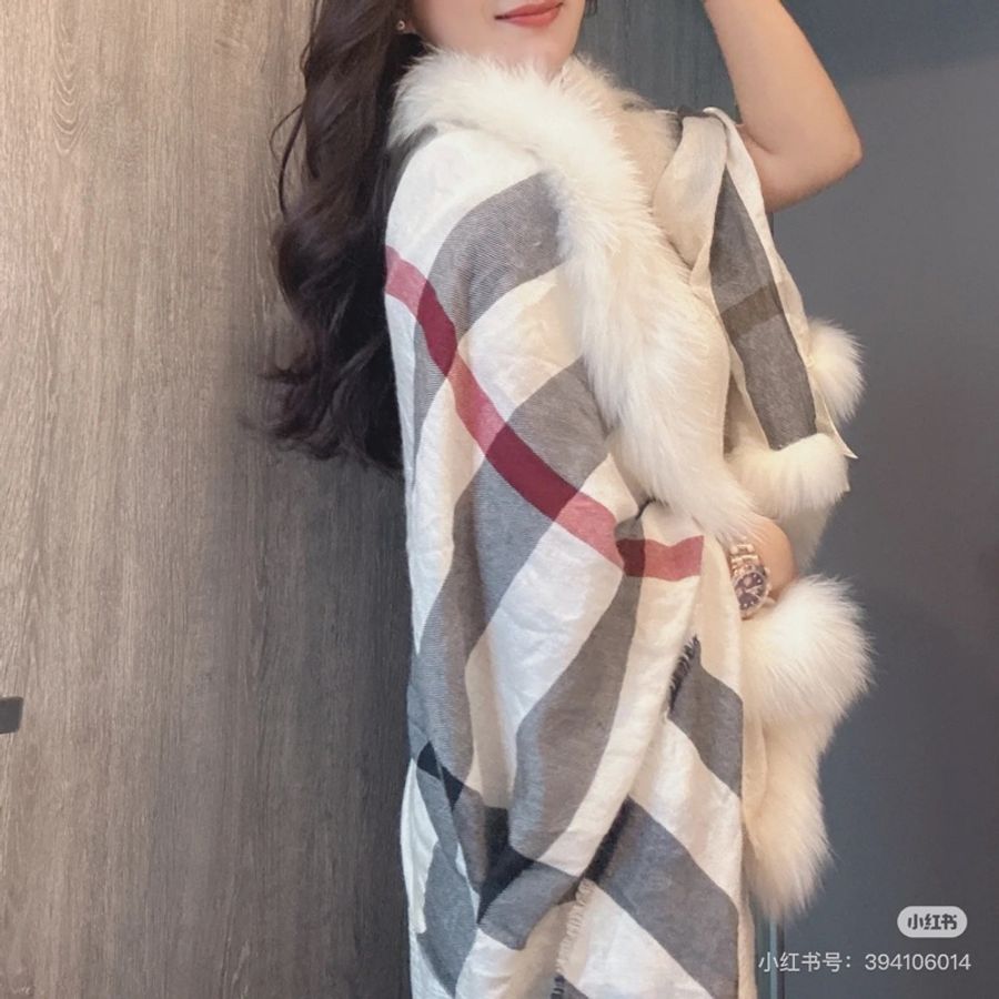 BURBERRY CASHMERE 格紋 毛領 圍巾 絲巾 披肩 斗篷 罩衫-2