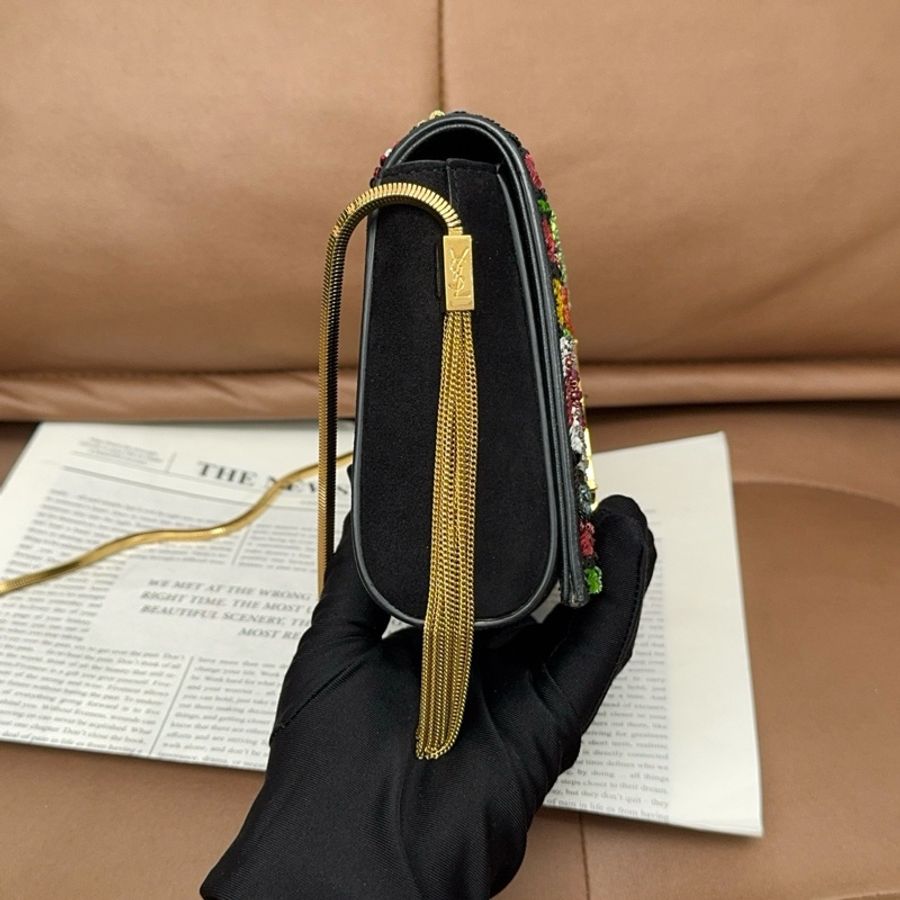 【近新閒置品】YSL 聖羅蘭 kate鏈條麂皮釘珠流蘇亮片斜挎包-3