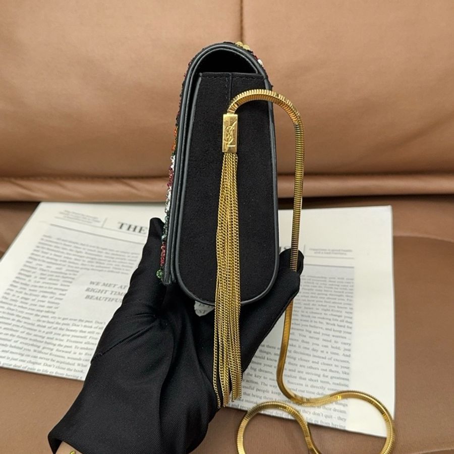 【近新閒置品】YSL 聖羅蘭 kate鏈條麂皮釘珠流蘇亮片斜挎包-5