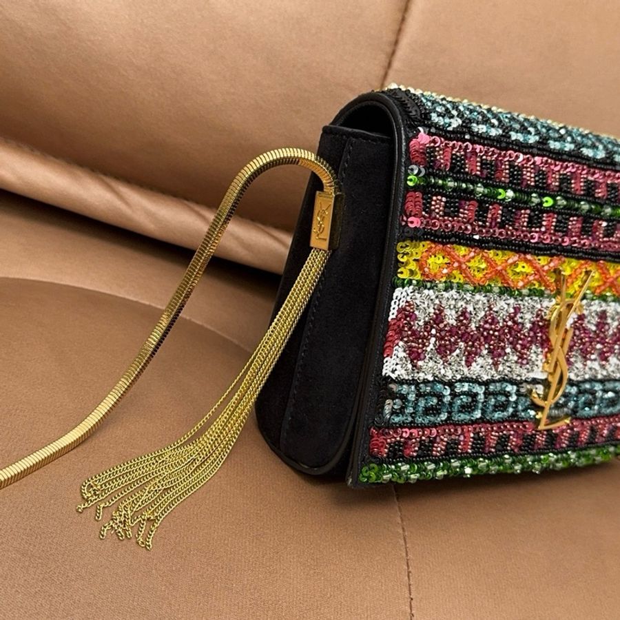【近新閒置品】YSL 聖羅蘭 kate鏈條麂皮釘珠流蘇亮片斜挎包-14