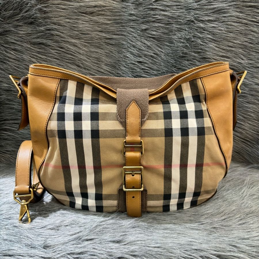 BURBERRY 摩卡 牛皮 帆布 肩背包 斜背包 兩用包 牛角包 購物包-0