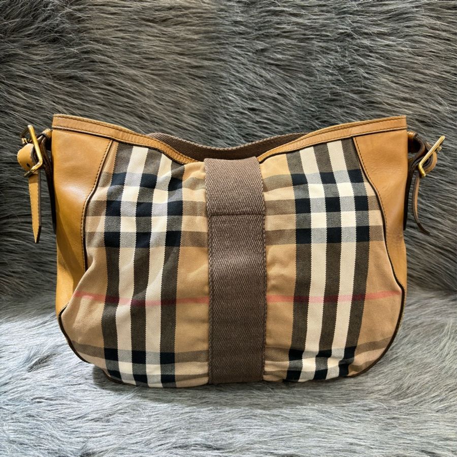 BURBERRY 摩卡 牛皮 帆布 肩背包 斜背包 兩用包 牛角包 購物包-1
