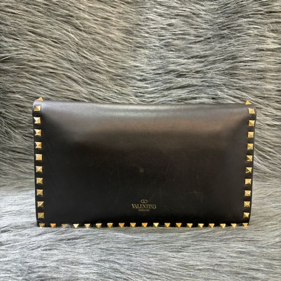 VALENTINO Rockstud 黑 牛皮 鉚釘 手拿包 晚宴包 手提包 發財包 麻將包-0