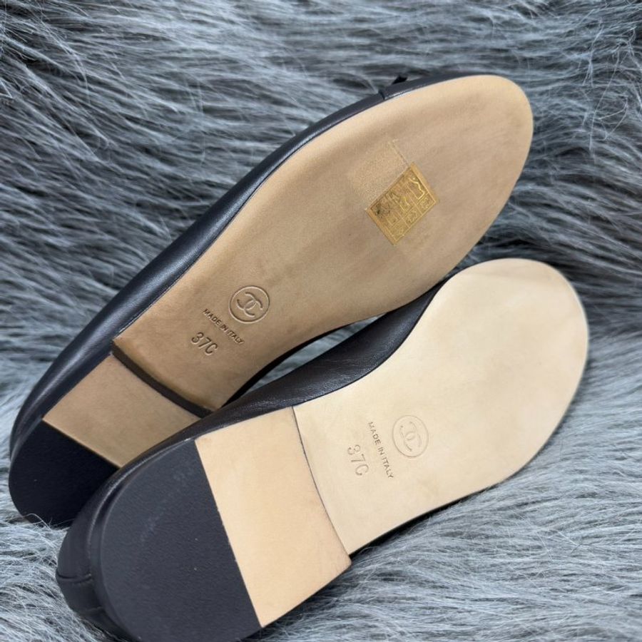 Chanel G02819 黑色 皮革 蝴蝶結 芭蕾舞鞋 娃娃鞋 跟鞋 37號-9