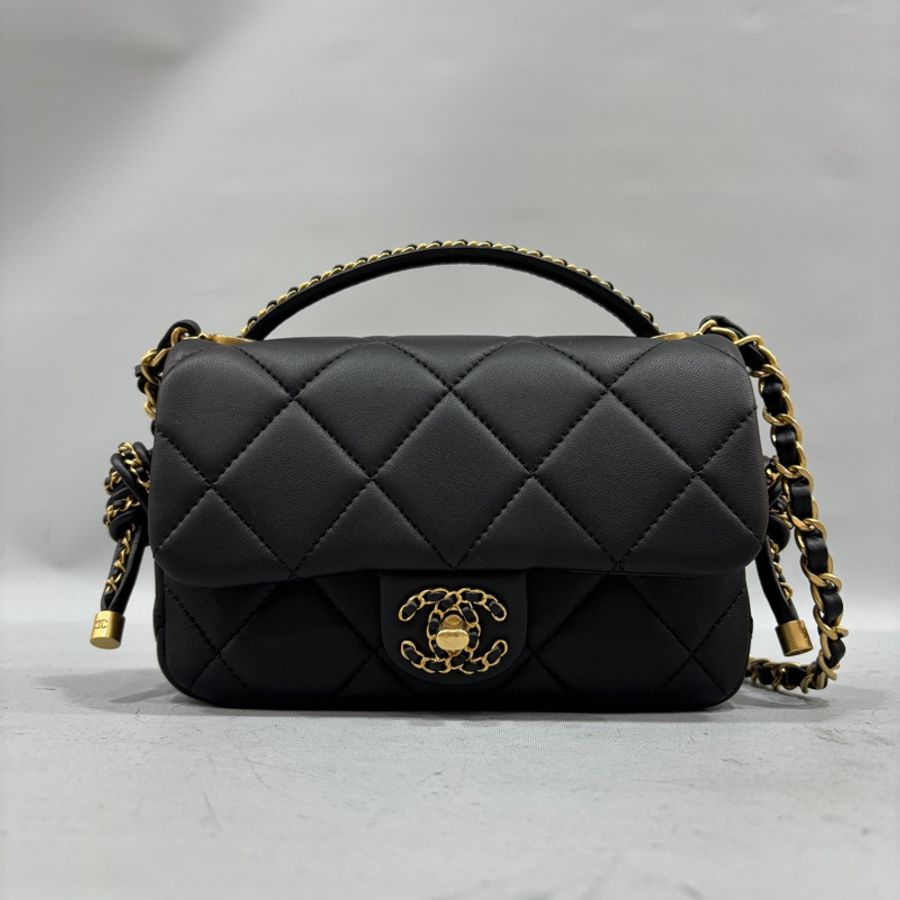 Chanel AS5298黑羊皮19系列金釦皮穿鏈Handle肩背包 斜背包Coco 17*-0