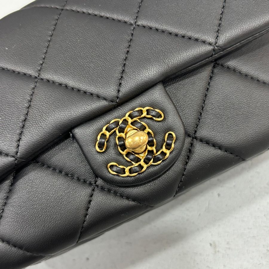 Chanel AS5298黑羊皮19系列金釦皮穿鏈Handle肩背包 斜背包Coco 17*-9