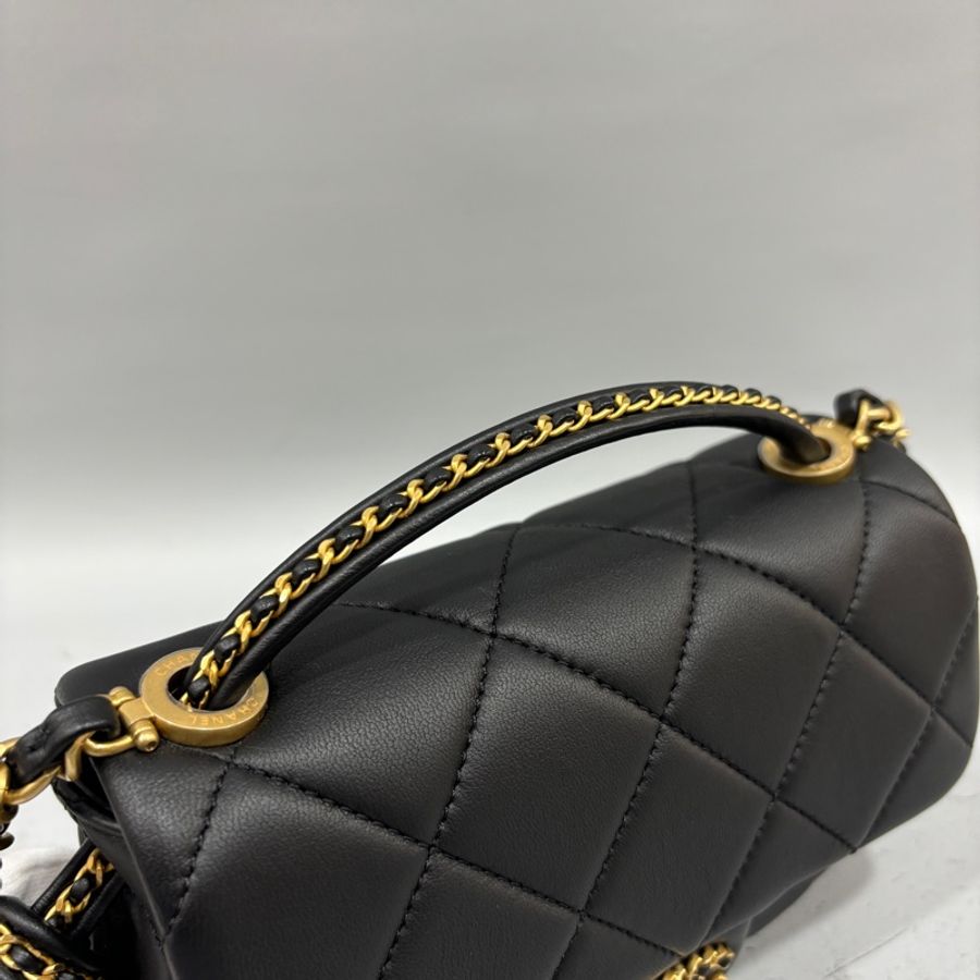 Chanel AS5298黑羊皮19系列金釦皮穿鏈Handle肩背包 斜背包Coco 17*-10