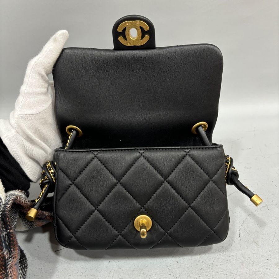 Chanel AS5298黑羊皮19系列金釦皮穿鏈Handle肩背包 斜背包Coco 17*-15