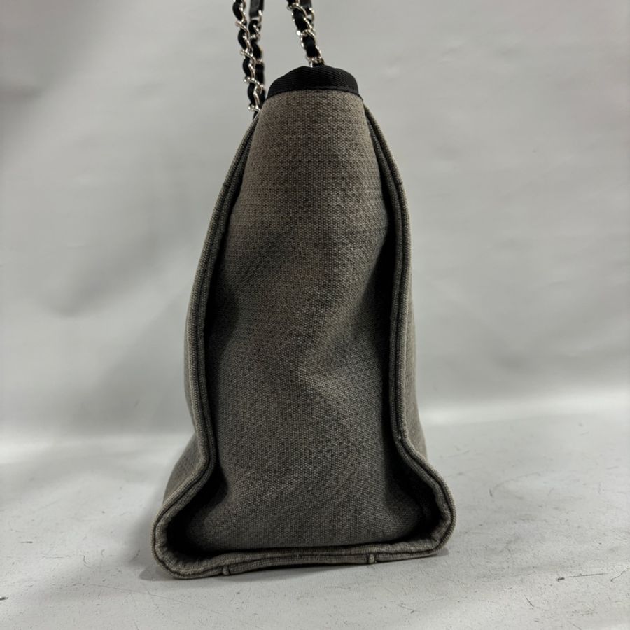 Chanel A67001灰白黑麻棉銀鍊沙灘包 托特包 肩背包-1