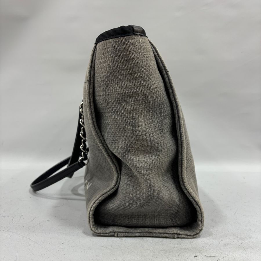 Chanel A67001灰白黑麻棉銀鍊沙灘包 托特包 肩背包-3
