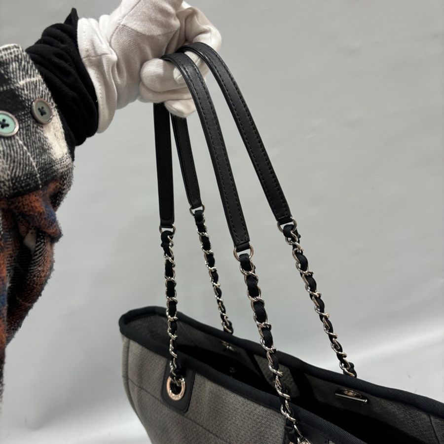 Chanel A67001灰白黑麻棉銀鍊沙灘包 托特包 肩背包-10