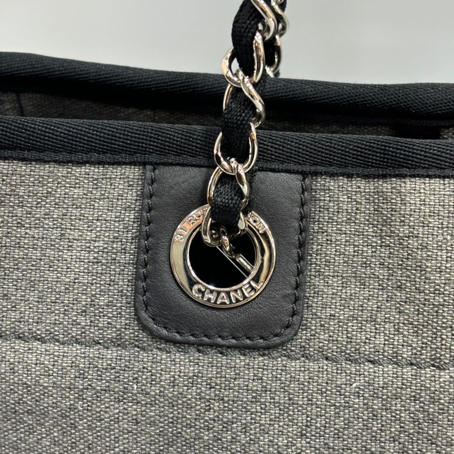 Chanel A67001灰白黑麻棉銀鍊沙灘包 托特包 肩背包-12