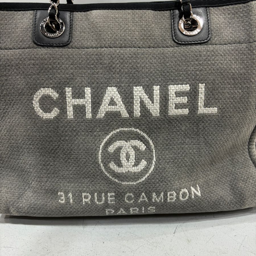 Chanel A67001灰白黑麻棉銀鍊沙灘包 托特包 肩背包-13