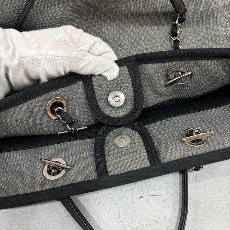 Chanel A67001灰白黑麻棉銀鍊沙灘包 托特包 肩背包-15