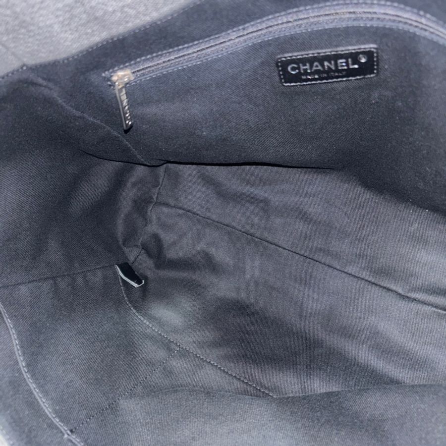 Chanel A67001灰白黑麻棉銀鍊沙灘包 托特包 肩背包-17