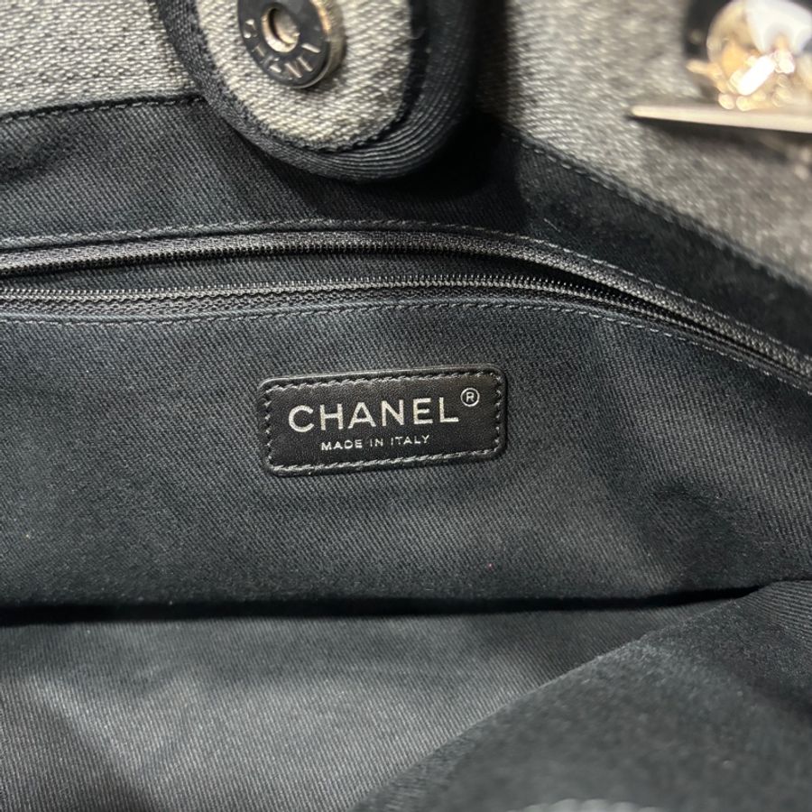 Chanel A67001灰白黑麻棉銀鍊沙灘包 托特包 肩背包-20