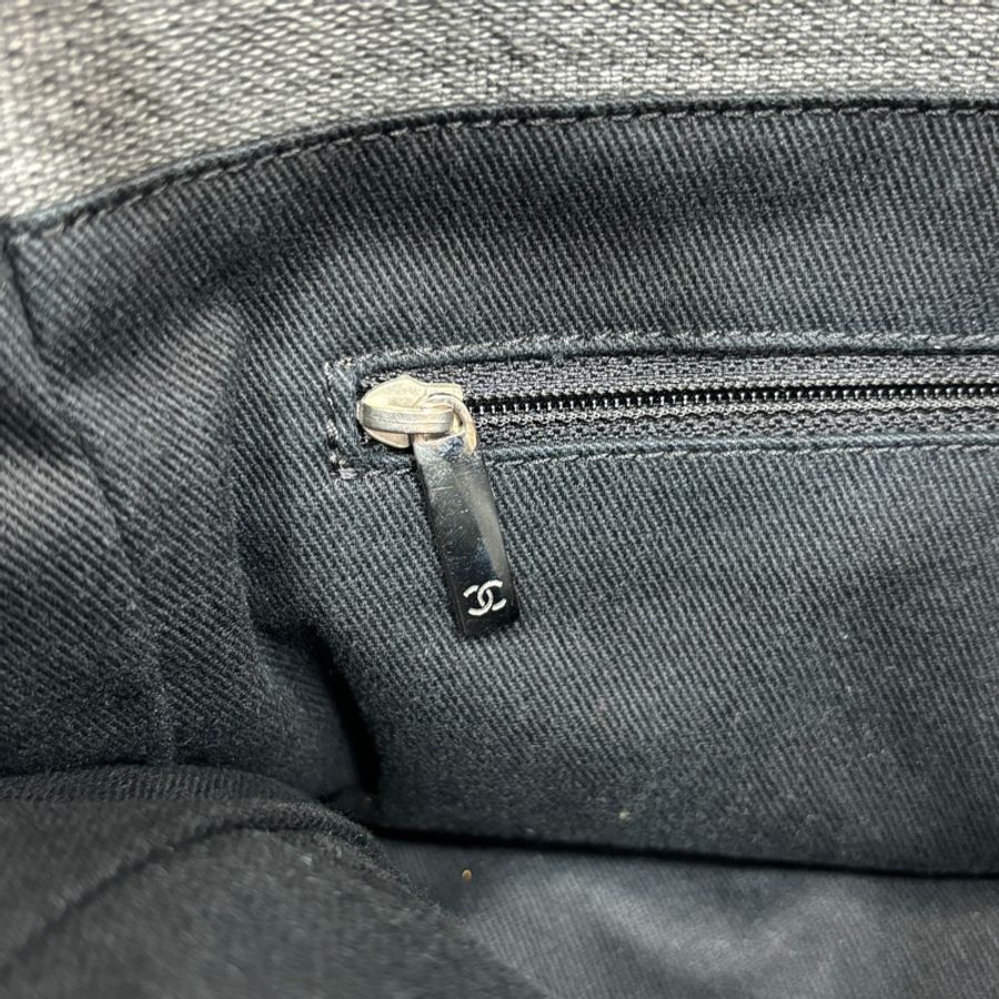 Chanel A67001灰白黑麻棉銀鍊沙灘包 托特包 肩背包-21