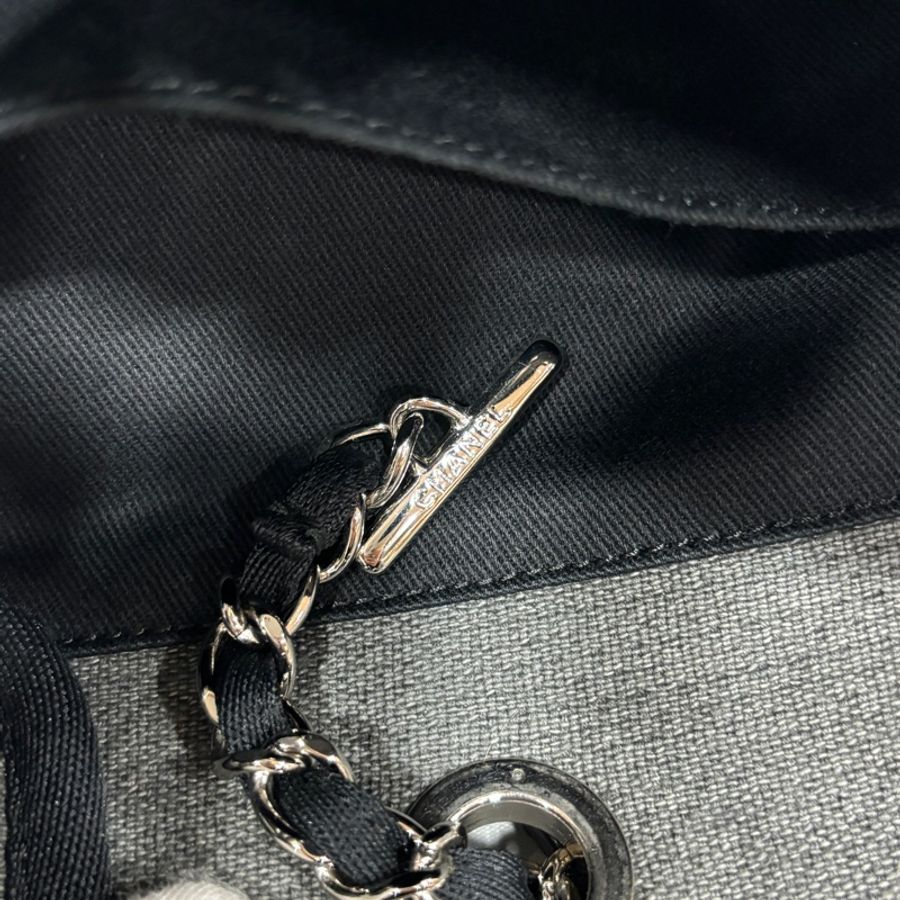Chanel A67001灰白黑麻棉銀鍊沙灘包 托特包 肩背包-23