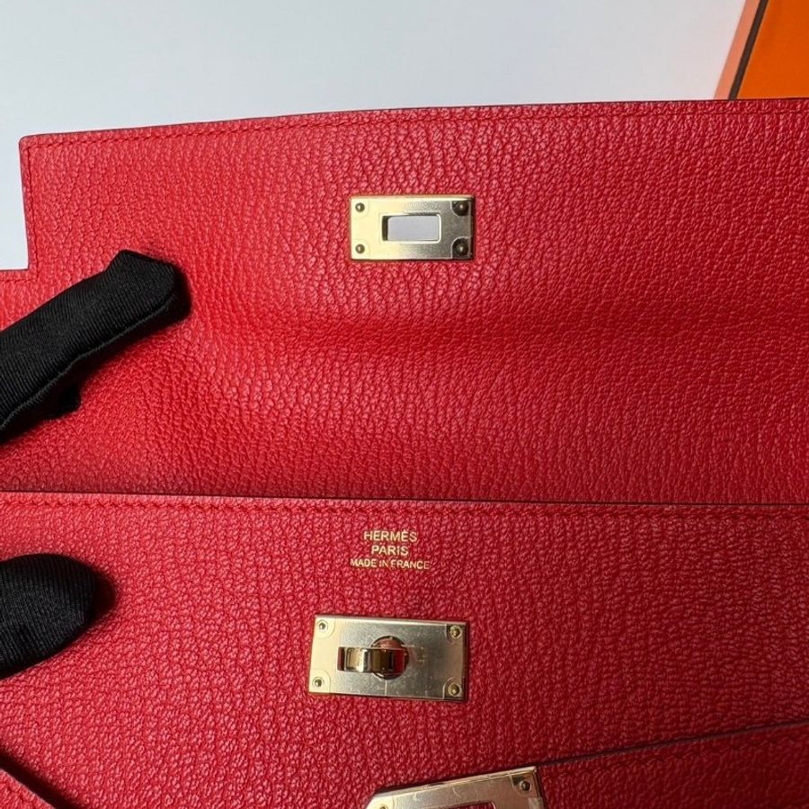 Hermes 金釦紅色山羊皮 kelly 長夾-5