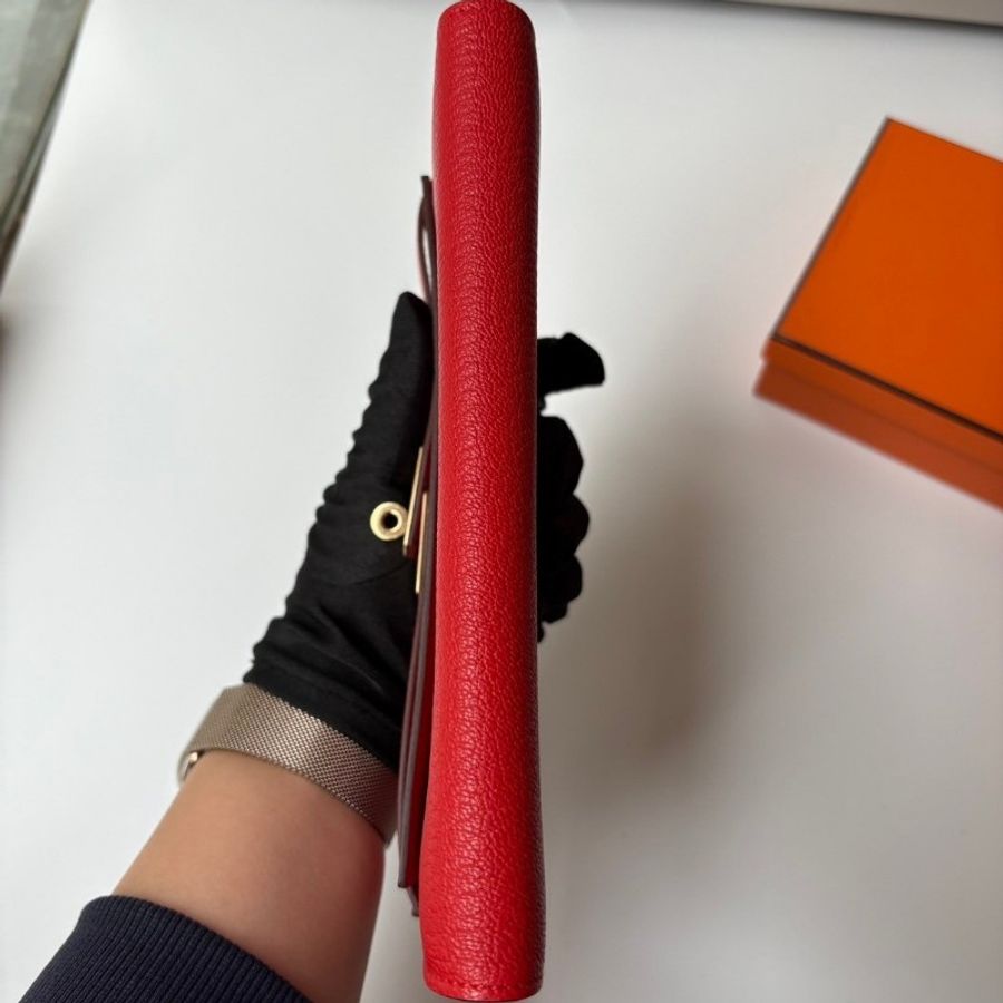 Hermes 金釦紅色山羊皮 kelly 長夾-12