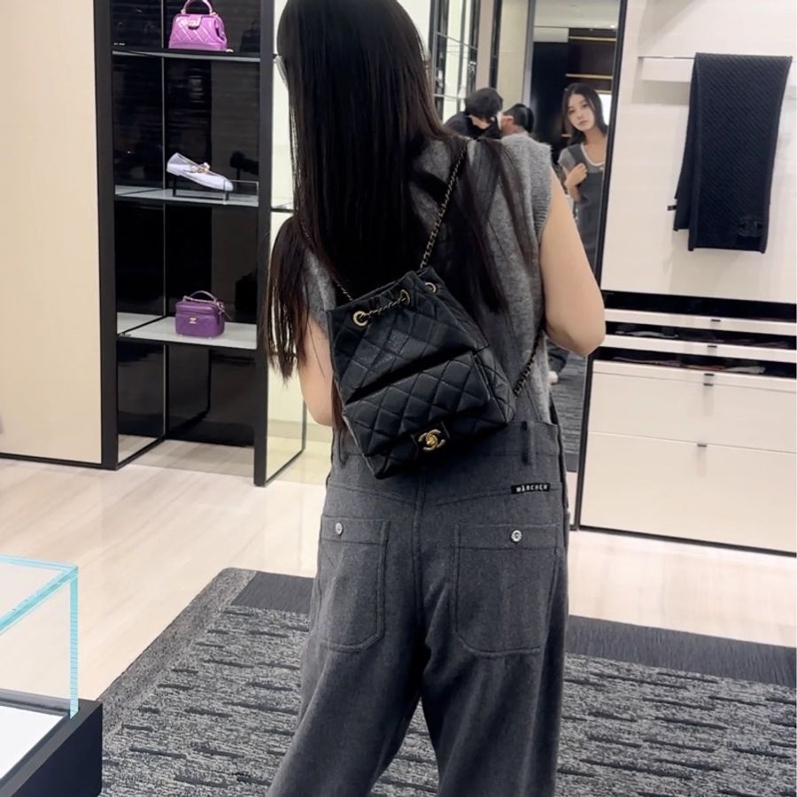 Chanel 香奈兒 經典菱格紋 鏈條後背包/雙肩包 荔枝羊 黑金釦-1