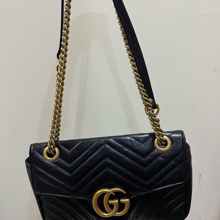 Gucci 古馳 GG marmont 馬蒙 26 中號 黑金 牛皮-2