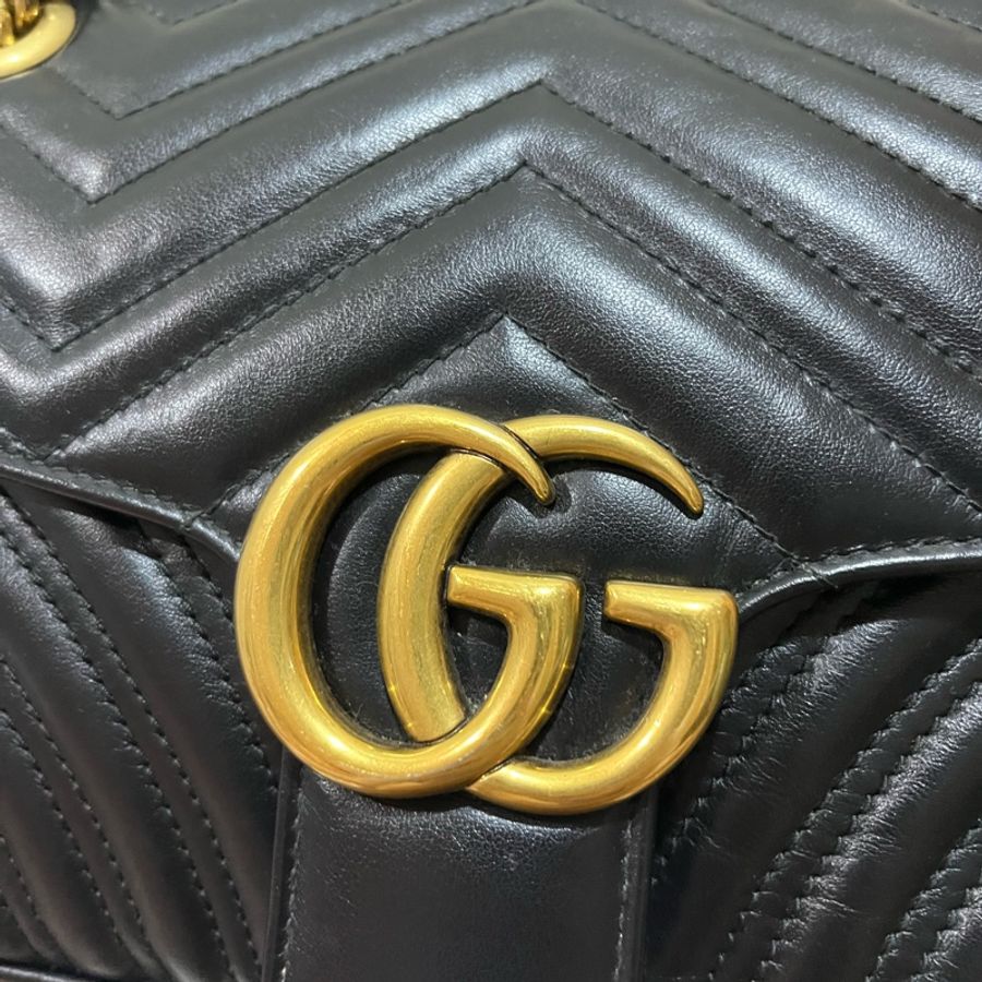 Gucci 古馳 GG marmont 馬蒙 26 中號 黑金 牛皮-10